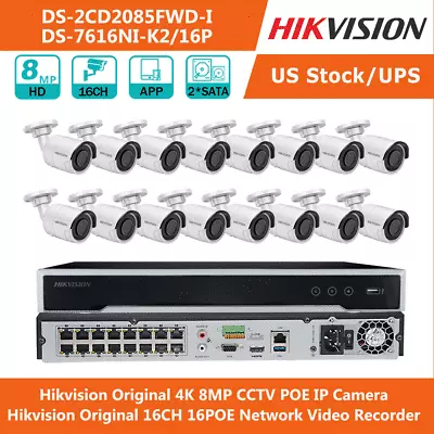 Hikviison 16CH 16POE 8MP DS-2CD2085FWD-I Camera CCTV System DS-7616NI-K2/16P Lot • $84.55