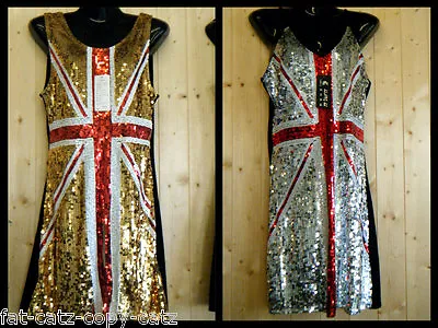 Quality Silver Gold Blue Union Jack England Flag Sequinned Ladies Dress Ukseller • £14.95