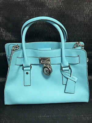 MICHAEL KORS HAMILTON AQUAMARINE SAFFIANO LEATHER SILVER EW SATCHEL BAG “Mint” • $153