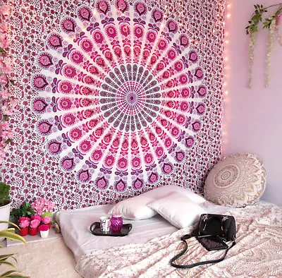 Mandala Tapestry Indian Hippie Wall Hanging Bohemian Queen Pink Peacock Throw • $17.99