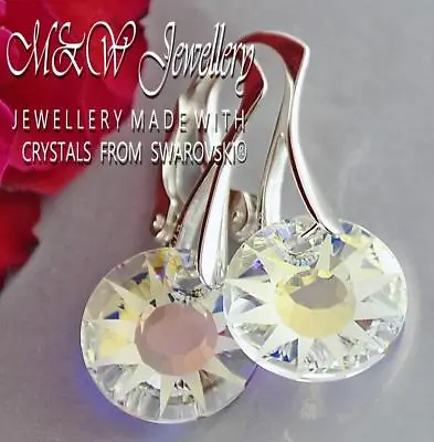 £12.99 • Buy 925 Silver Earrings Crystals From Swarovski® 12mm Sun Crystal Ab Partly Frosted