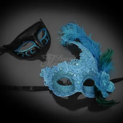 Couple's Masquerade Masks | Feather Masquerade Masks Black/Teal Blue • $26.10