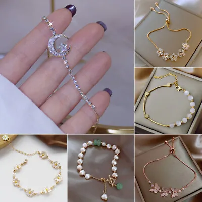 Fashion Flower Pearl Crystal Bracelet Adjustable Bangle Women Weddings Jewellery • £2.95