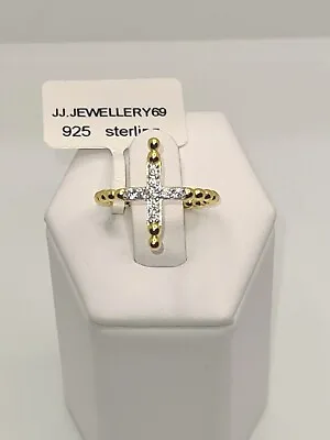 925 Sterling Silver 18k Yellow Gold Plated Cz Cross Ring • £19.10