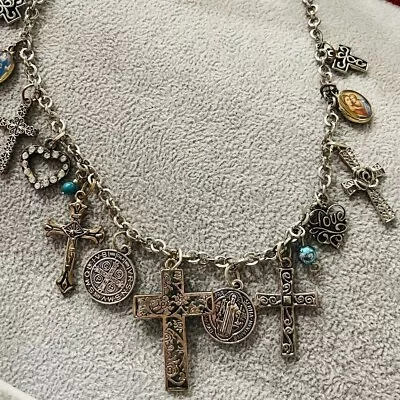 Charm Necklace Crosses Medallion Inspiration Casual Beauty Silver Tone 19” • $10