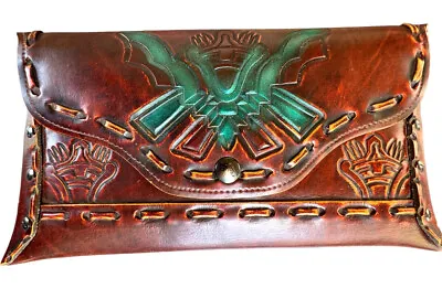 Vintage Jaclyn Inc Faux Leather Tooled Clutch/Handbag Tribal Design 11”x6” • $14.50