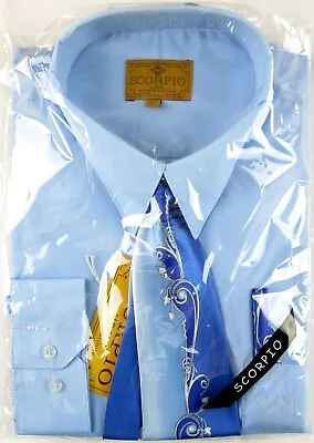 NWT Scorpio Men's 3 Pc Blue Dress Shirt Tie & Pocket Square Set Size XL (17.5) • $16.55