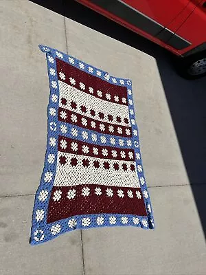 Vintage Hand Crocheted Granny Square Red White & Blue Afghan Blanket • $26.99