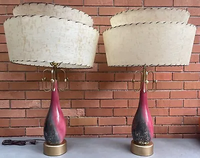 Pair Vintage 1950s Pink Gray Gold Ceramic Lamps Fiberglass Shades MCM Atomic Era • $850