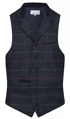 MENS WOOL Windsor Quality TWEED Check Waistcoat With Collar Royal Navy Blue New • $49.67