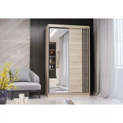 NEW SLIDING DOOR WARDROBE WITH MIRROR 120/150cm Wide WITH DECORATIVE STRIPES • £299.99