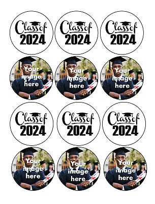 Set Of 12 CUSTOM Graduation 2024 Edible Paper Cupcake Cookie Toppers CHOOSE SIZE • $5