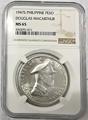 1947 S Philippines Peso .800 Silver .579 Oz Tr Macarthur Km185 Ngc Ms65 • $229