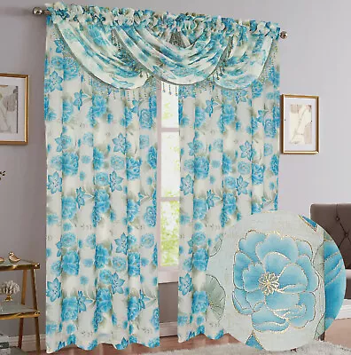 Gwen Floral 5 Piece Sheer Curtain Set Beaded Austrian Valances Metallic Accent • $54.98