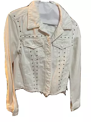 J Brand White Denim Jacket Stud  Moto Style  Women Sz 0  XS Frayed Raw Hem Look • $16