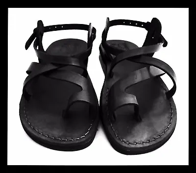 Black Leather Roman Gladiator Jesus Sandals Strap Handmade UK (4-15) EU (36-50) • £46.07