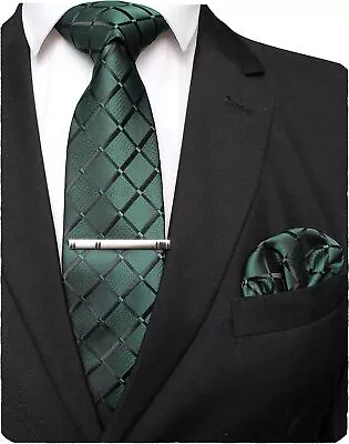 JEMYGINS Solid Color Mens Plaid Tie And Pocket Square With Tie Clip Sets • $22.94