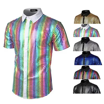 Mens Glitter Sequins Dress Shirt Short Sleeve Casual Button Down Shirts Club UK • £4.79