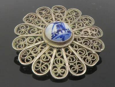 925 Silver - Vintage Antique Enamel Windmill Filigree Floral Brooch Pin - BP4375 • $45.98