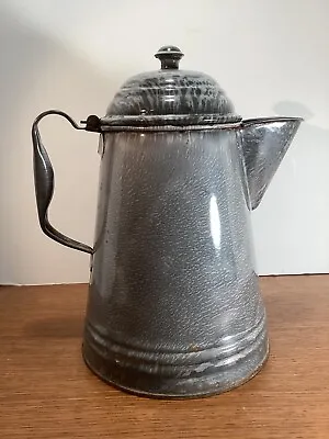 Vintage Large Enamel Granite Ware Coffee Pot W/ Hinged Lid Campfire Gray Cowboy • $19.99