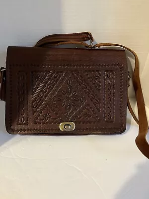 Vintage Moroccan  Hand Tooled Genuine Leather Crossbody Purse India • $18