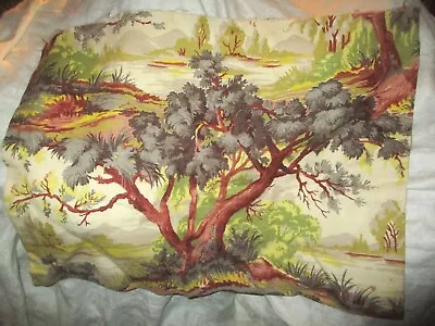 Vintage Bark Cloth Fabric Cloth Panel Trees Field Hem Pillows Brown Green 44 In • $49.99