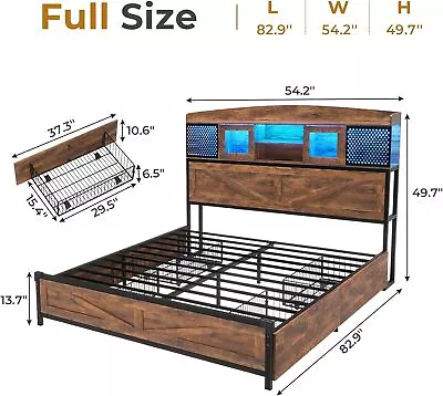 Full/Queen Size Bed Frame With 4 Drawers & LED Lights Platform Bed Rustic Brown • $285.89