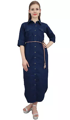 Bimba Casual Navy Blue Women Solid Denim Button Down Dress With Tie Waist Dori • $39.59