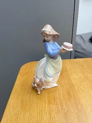 Nao Lladro Figurine - Girl With Puppy And Cake - Excellent Condition • £10