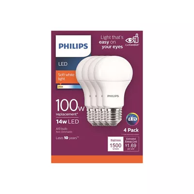 Philips Acre A19 E26 (Medium) LED Bulb Soft White 100 Watt Equivalence 4 Pk • $22.99