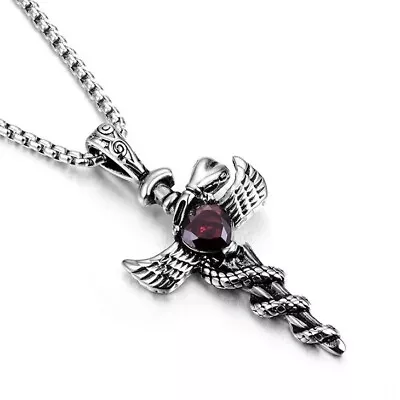  Mens Stainless Steel Angel Wings Faux Sapphire CZ Cross Pendant Necklace • $7.99