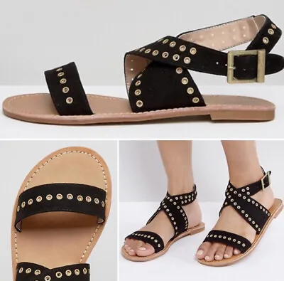 Black Suede Sandals Gold Studded Flat Sole 5 38 Strappy ASOS London Rebel New • £12.99