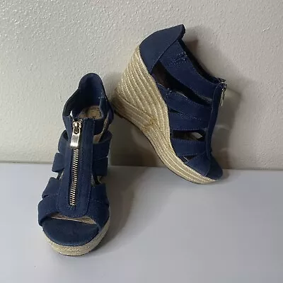 Merona Target Meredith Blue Canvas Front Zip Cork Wedge Shoes Women’s Sz 6.5 • $11.99