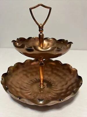 Vintage Gregorian Copper Hammered Ruffled Edge Two Tiered Tidbit Candy Tray 10  • $34.99