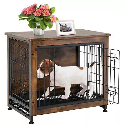 Costway Wooden Dog Crate Furniture With Tray Double Door Dog Kennels End Table • $109.99