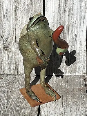 Vtg Taxidermy Stuffed Real Frog With Wood Worm • $60