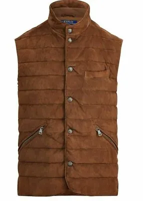 $449 • Buy $898 Polo Ralph Lauren Mens Quilted Suede Down Brown Puffer Vest Jacket Gilet