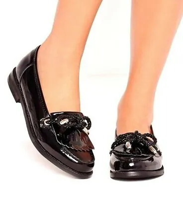 Missguided Ladies UK 7 Black Patent Faux Leather Tassel Slip On Loafer Shoes • £14.99