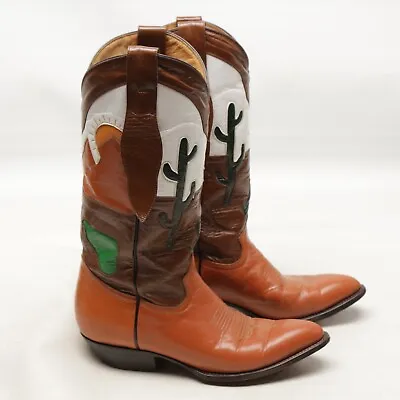 VTG Montana Mens Cowboy Boots 7.5 B Tan Brown Green Cactus Western Skyline Inlay • $479.99