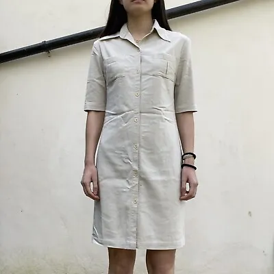 Y2K Cream Long Straight Button Up Shirt Dress Summer Short Sleeved Small 8 • £12