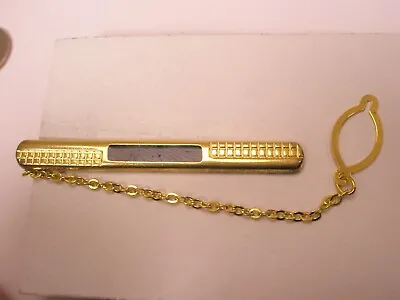 2-3/16  Thin Design Black Cabochon & Gold Tone MODERN Tie Bar Clip With Chain • $27.49