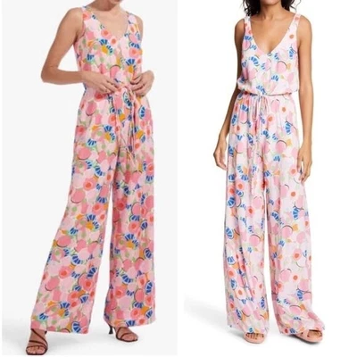 $115 • Buy Staud Mint Jumpsuit Wide Leg 8 Medium Peach Blossom Abstract Fruit Print