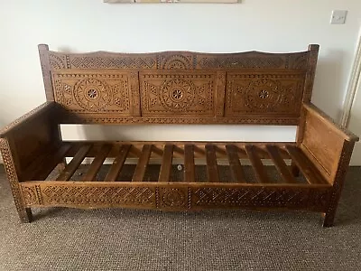 Moroccan Arabic Wood Carved Hand Crafted Sofa 3  Seater Antique Rare Find • £100
