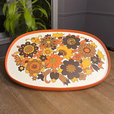 Vintage Mid Century Spencer Orange Brown Retro Floral Melamine Serving Tray MCM • $38