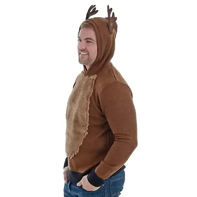 Mens Novelty Christmas Jumper Hooded Novelty Reindeer Antlers Brown Faux Fur • £15.99