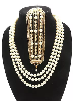 Vintage Faux Pearl Wrap Around Necklace And Multi Strand Bracelet Goldtone • $39.99