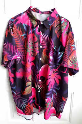 Mens Pink Flamingo Grahpic Shirt Size 2XL Button Up 1 Front Pocket Short Sleeves • $29.99