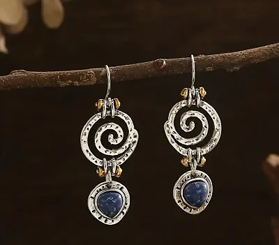 Museum Modern Art Earrings Lapis Lazuli Spiral Silver Plated Drop Dangle New • $12.87