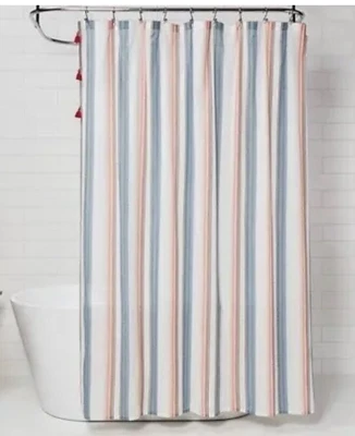 $18.99 • Buy Opalhouse Coral Blue Striped Cotton Shower Curtain W Tassles Boho