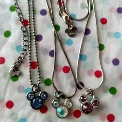 DISNEY MICKEY MOUSE 3pc LOT/SET Silver Blue/Iridescent/Purple Crystal Necklaces • $20.99